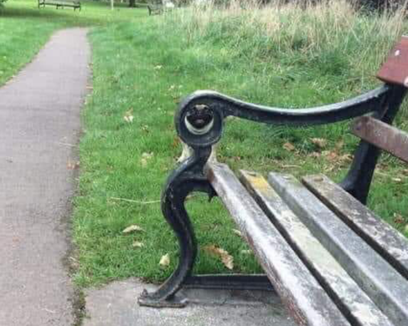A pug can be seen looking through the arm of a bench. 