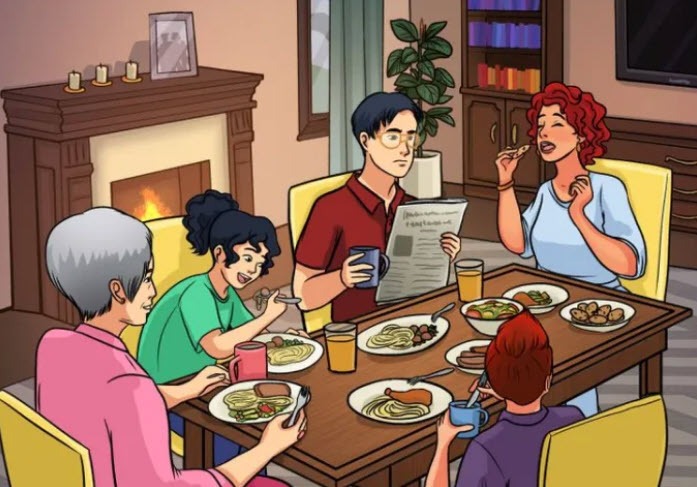 illustration of family eating dinner. Find the odd thing out