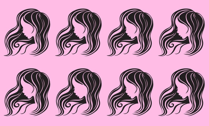 8 female heads with long flowing hair. One looks slightly different than the rest. 