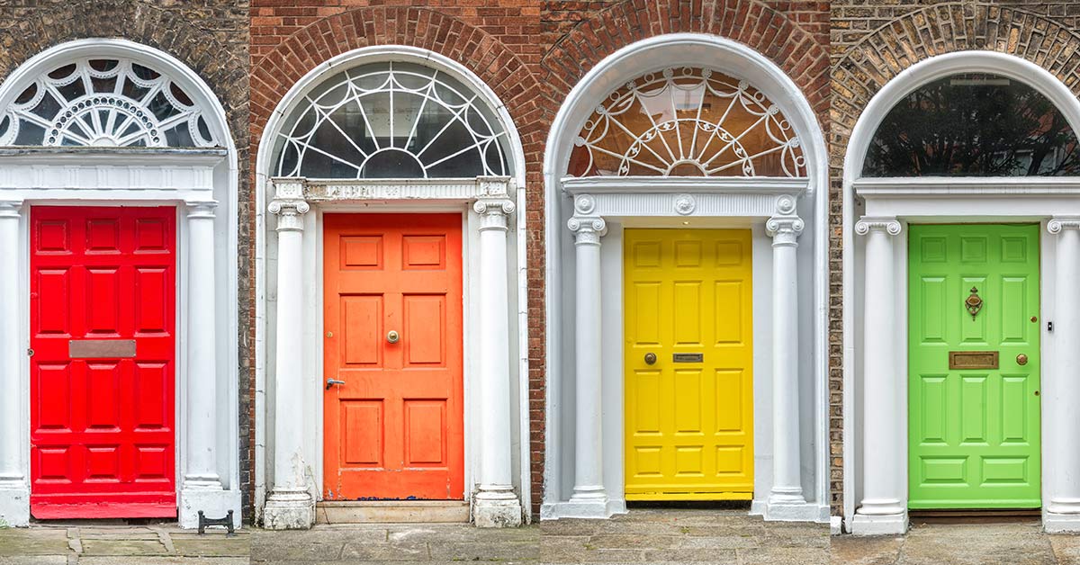 red, orange, yellow, and green doors