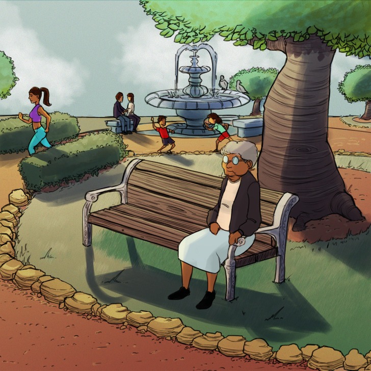 illustration: elderly woman on park bench 
