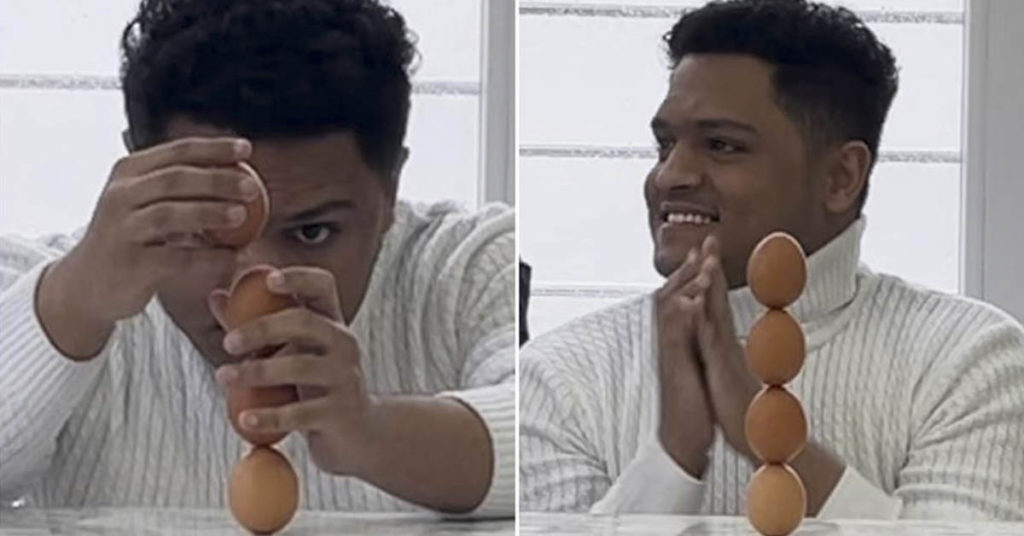 Man stacks four eggs to break gravity-defying record