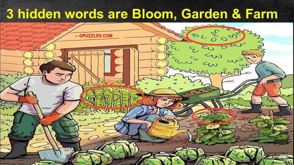 illustration of 3 people working in a garden, 3 words are hidden in the image