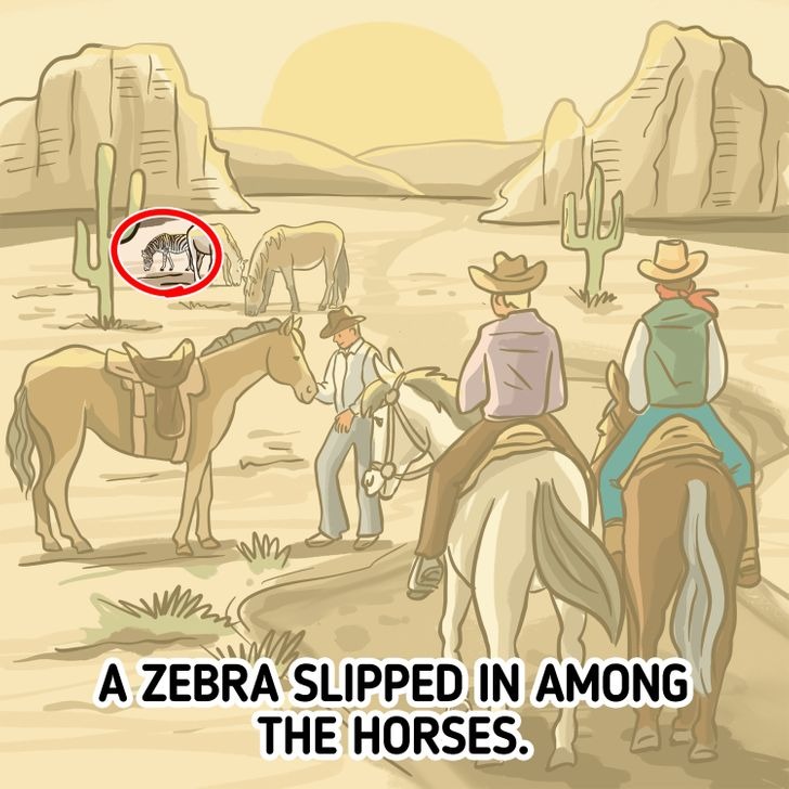 illustration of cowboys in desert with their horses. Oddly a zebra can be found in the background
