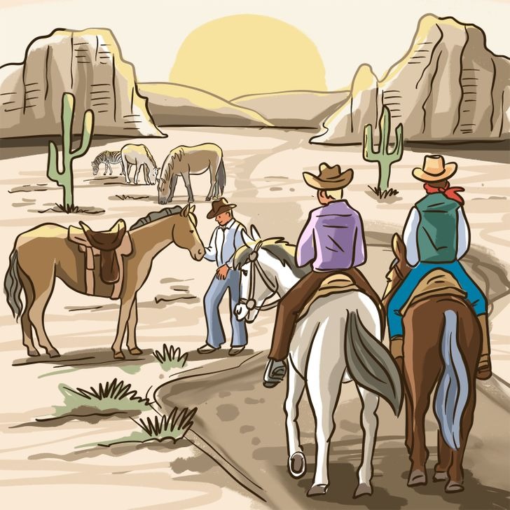 illustration of cowboys in desert with their horses